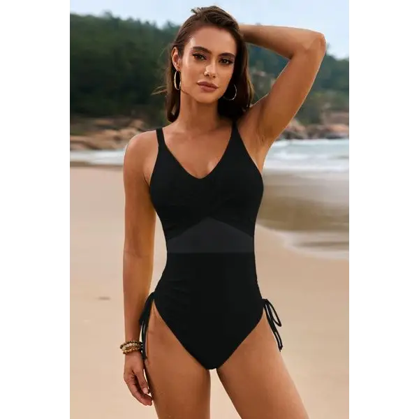 Drawstring Ruched V-Neck One-Piece Swimwear.