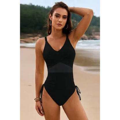 Drawstring Ruched V-Neck One-Piece Swimwear.