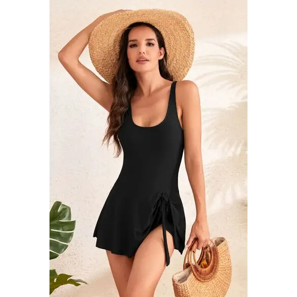 Drawstring Scoop Neck Wide Strap One-Piece Swimwear.