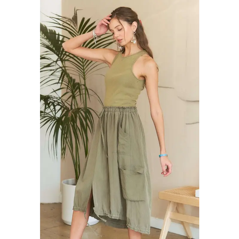 Drawstring Sleeveless Washed Dress.