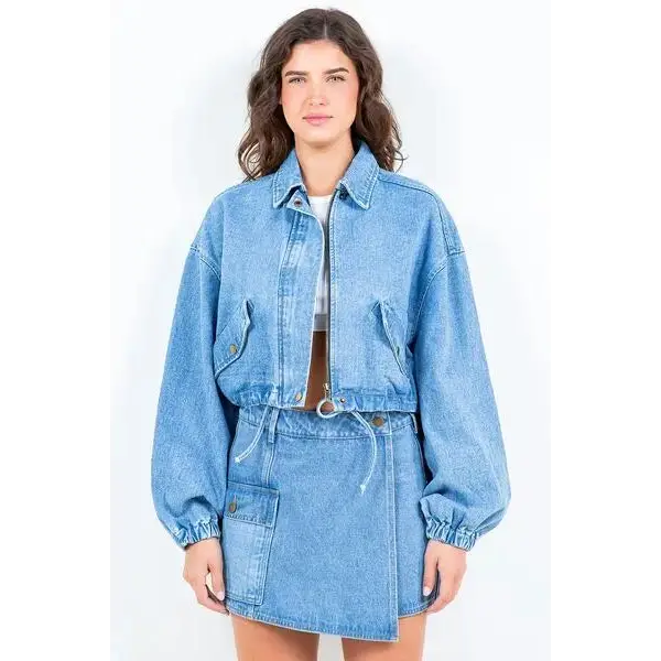 Drawstring Waist Crop Denim Jacket.