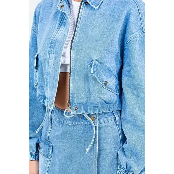 Drawstring Waist Crop Denim Jacket.