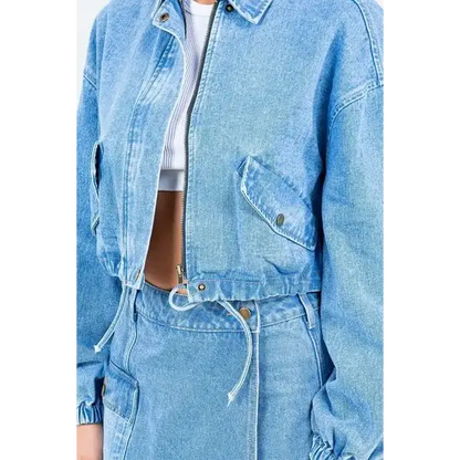 Drawstring Waist Crop Denim Jacket.