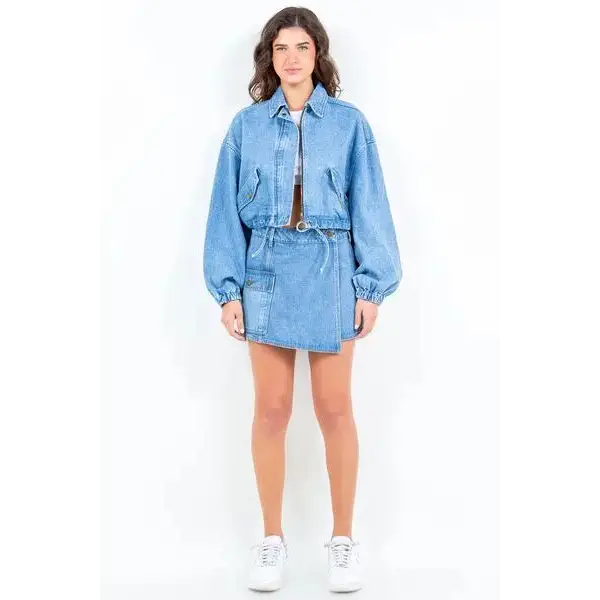 Drawstring Waist Crop Denim Jacket.