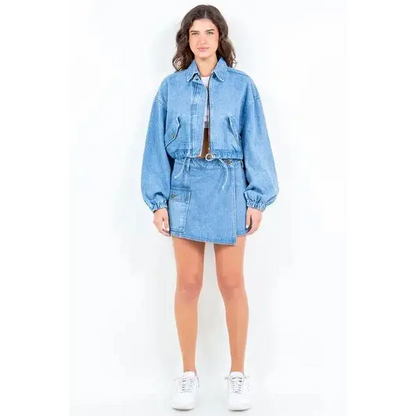 Drawstring Waist Crop Denim Jacket.