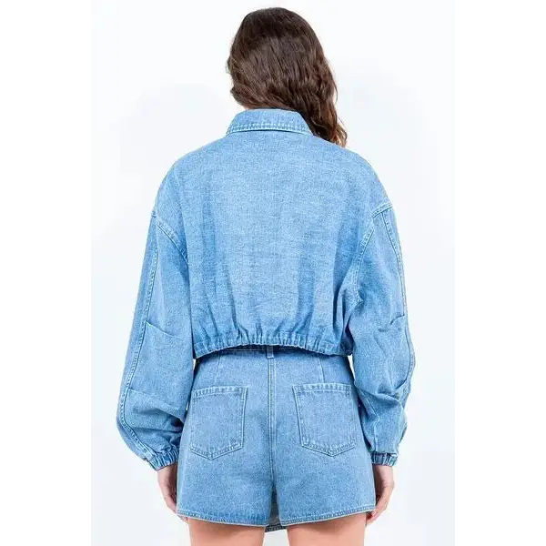 Drawstring Waist Crop Denim Jacket.
