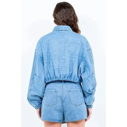 Drawstring Waist Crop Denim Jacket.