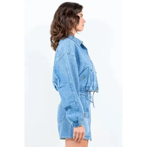 Drawstring Waist Crop Denim Jacket.