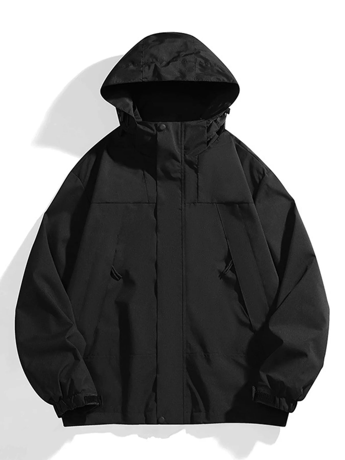 A black hooded jacket with a front zipper and flap pockets, laid flat against a white background with a soft shadow.
