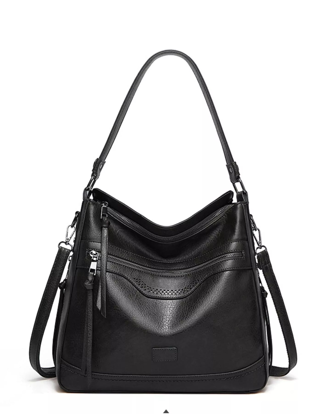 A black pebbled leather hobo shoulder bag with a top handle, a front zippered pocket, and a detachable shoulder strap, shown against a plain white background.