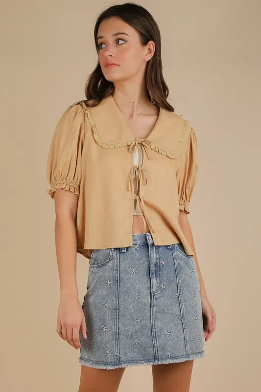 Bow Printed Casual Denim Mini Skirt.