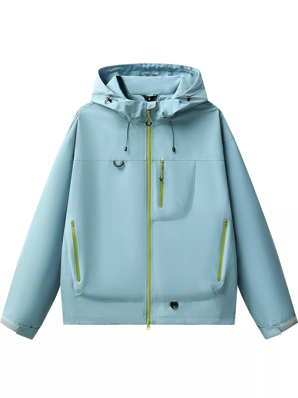 A light blue hooded jacket with lime green zipper accents, displayed on a solid white background.