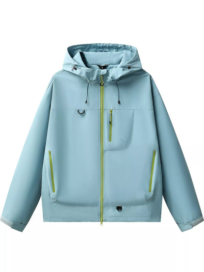 A light blue hooded jacket with lime green zipper accents, displayed on a solid white background.