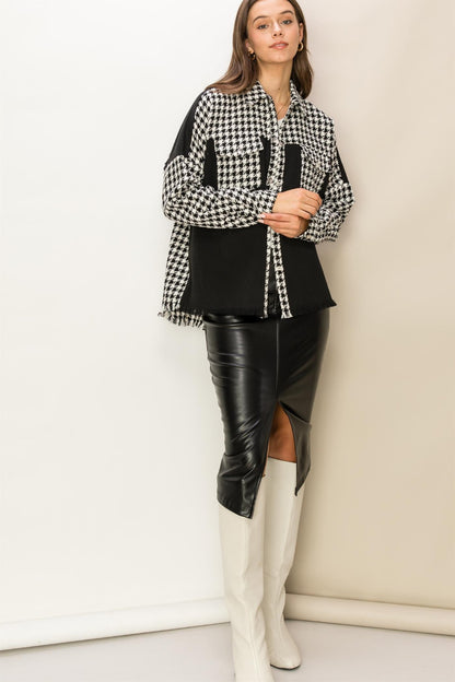 Houndstooth Contrast Raw Hem Jacket