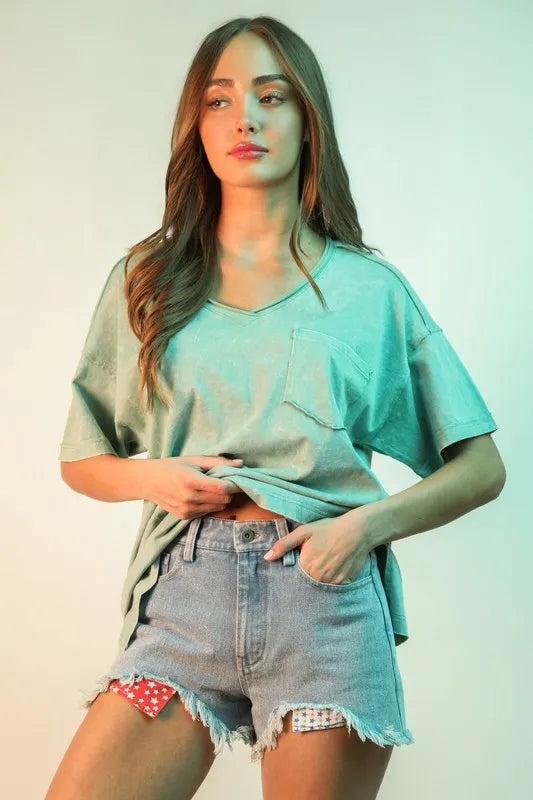 Raw Hem Pocketed Contrast Washed Denim Shorts.