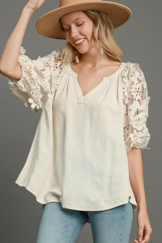 French Terry Boxy Cut Top with 3D Floral Sleeve Plus Size.
