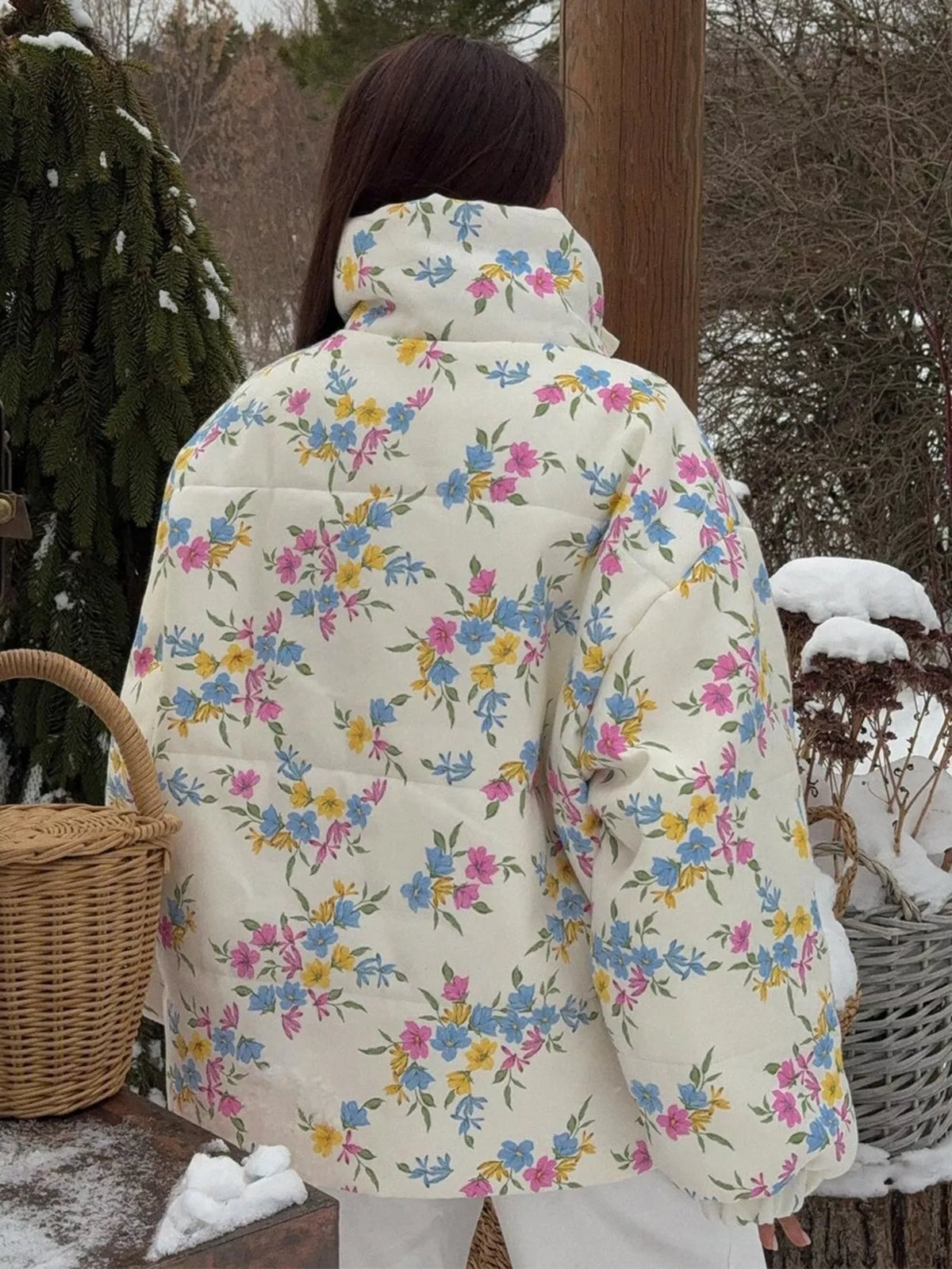 Floral print puffer jacket with stand collar