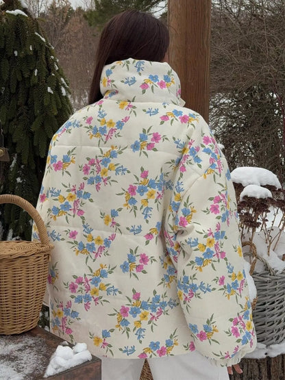 Floral print puffer jacket with stand collar