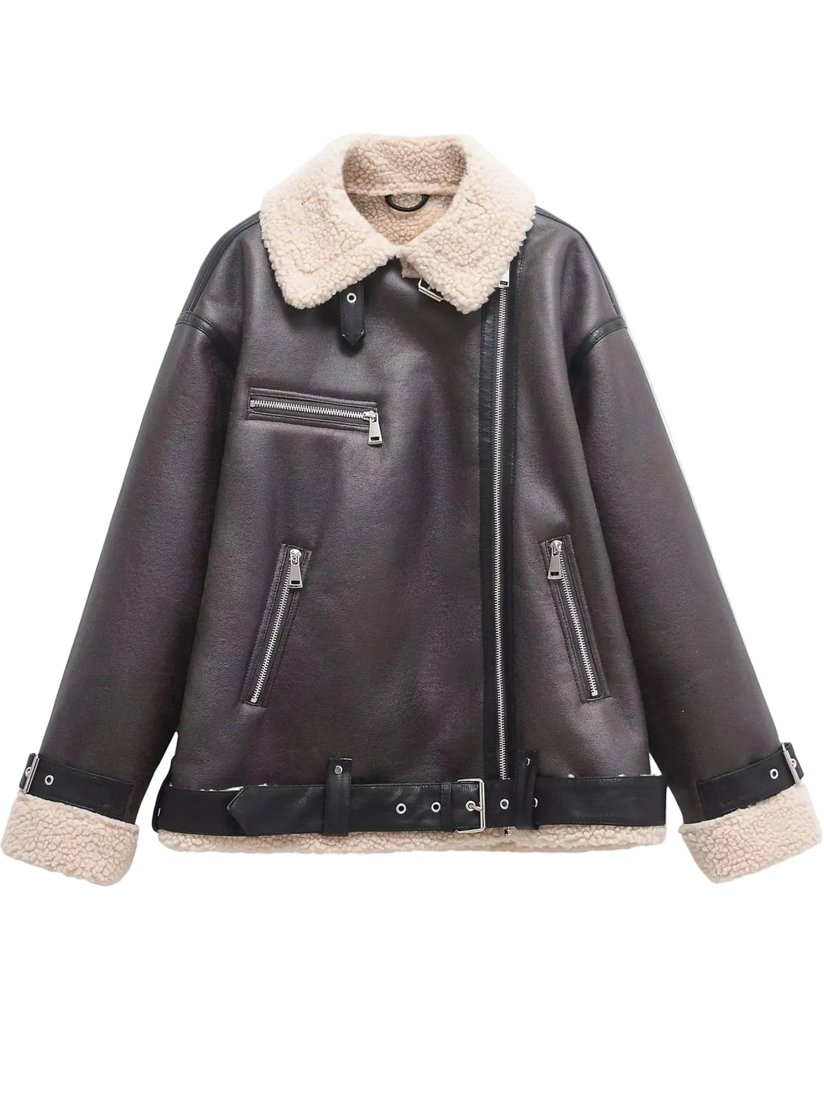 A dark brown faux leather aviator jacket with a beige sherpa fleece collar, lining, and cuffs, featuring a front zipper, zippered chest pocket, and a matching leather belt with a buckle.