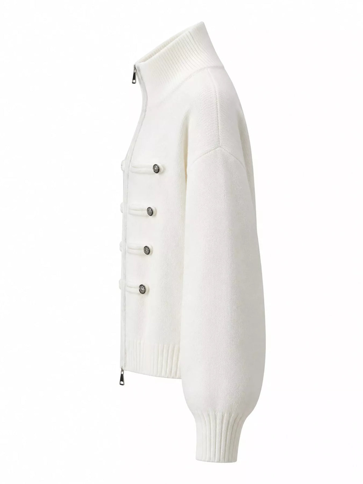 An off-white knit zip-up cardigan sweater with a mock neck, ribbed cuffs, and decorative silver snap buttons on the front, shown from a side profile view against a plain white background.