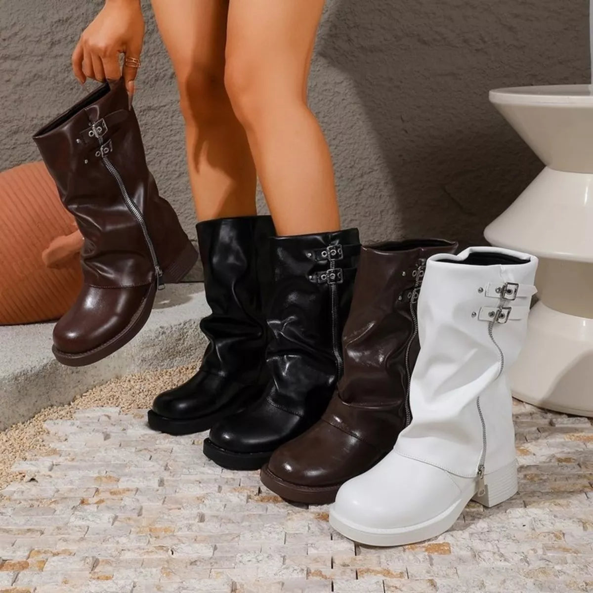 Mid-calf slouchy boots with buckle detail