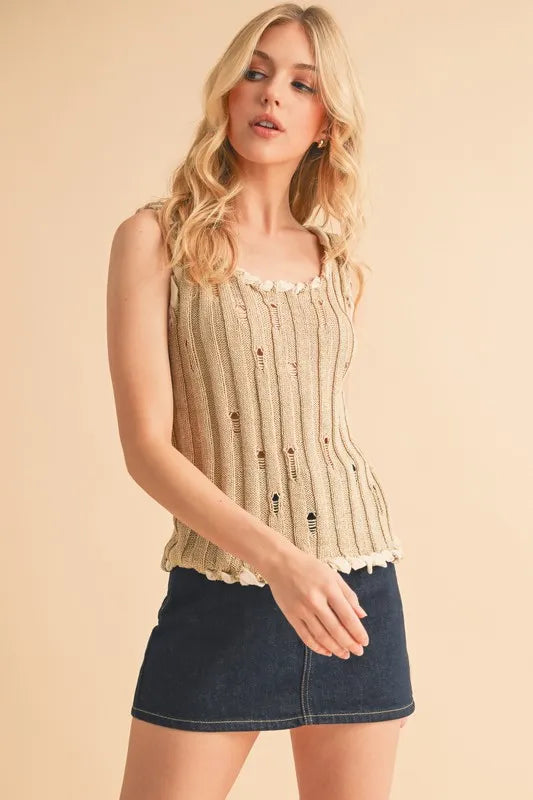 Distressed Detail Round Neck Knit Tank.
