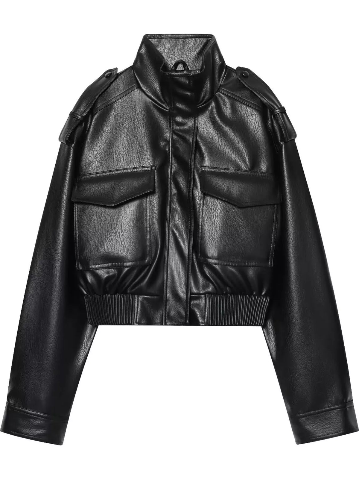 Black faux leather cropped jacket with a high stand-up collar, shoulder epaulets, and two large flap chest pockets, shown on a plain white background.