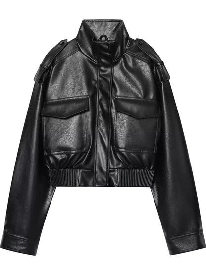 Black faux leather cropped jacket with a high stand-up collar, shoulder epaulets, and two large flap chest pockets, shown on a plain white background.