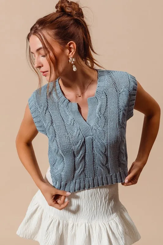 Notched Neck Cable Knit Sweater Vest.