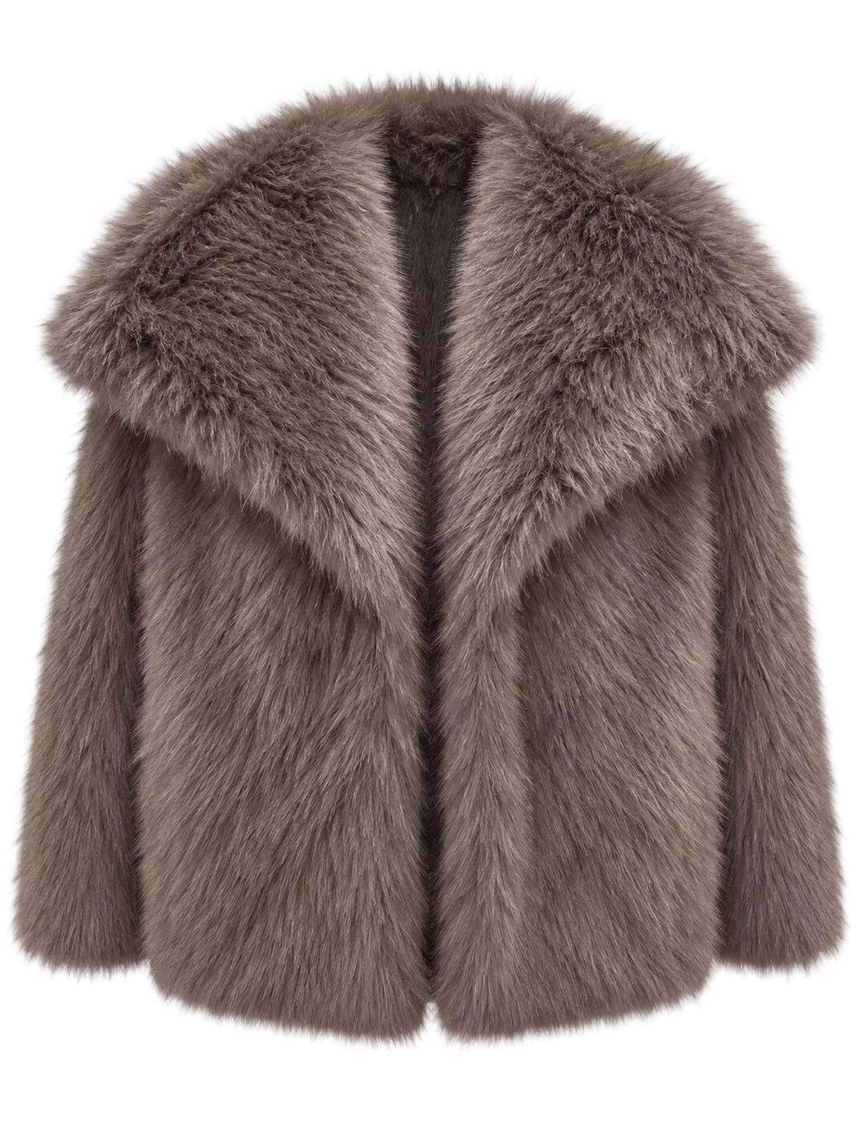 A taupe faux fur coat with a wide collar, shown against a plain white background.