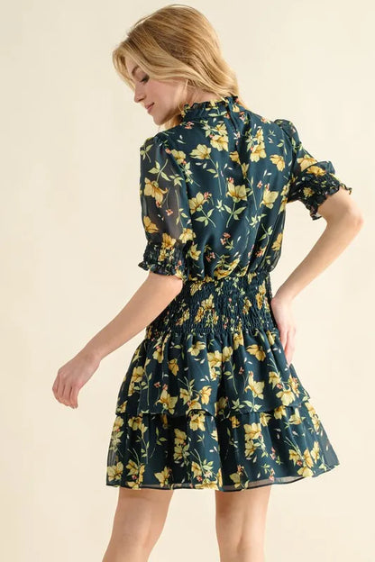 Floral Print Smocked Waist Mini Dress.