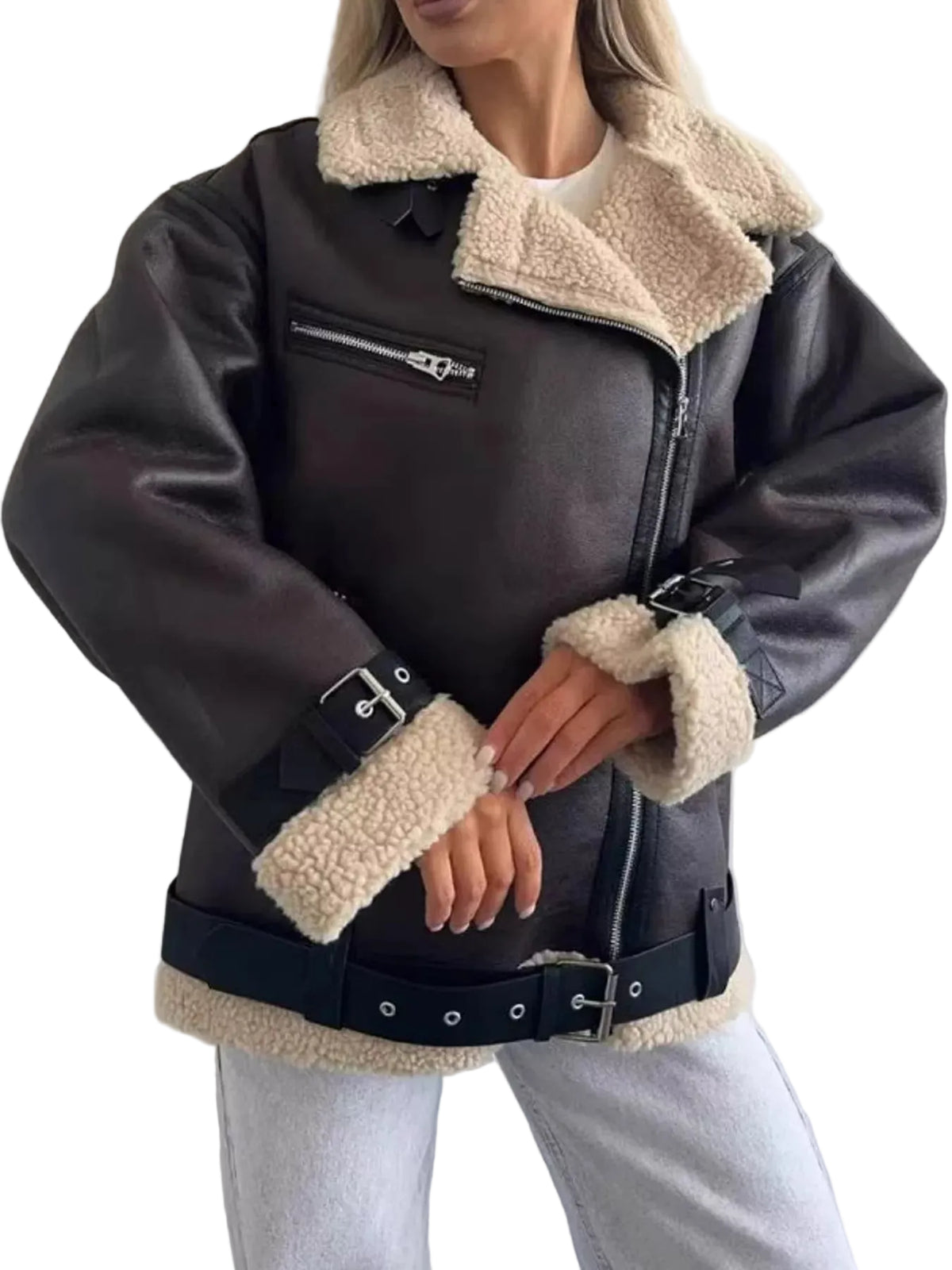 A woman wearing a dark brown faux-leather biker jacket with a thick beige sherpa fleece collar, cuffs, and hem, styled with a matching black belt.