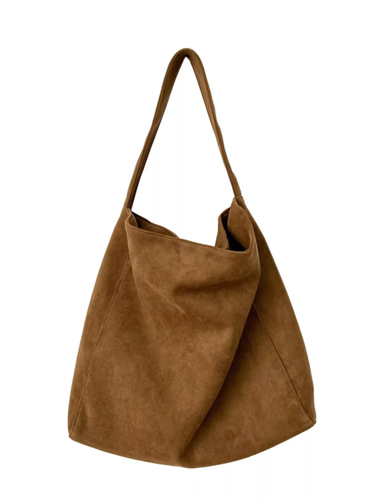 Brown suede handbag on a white background