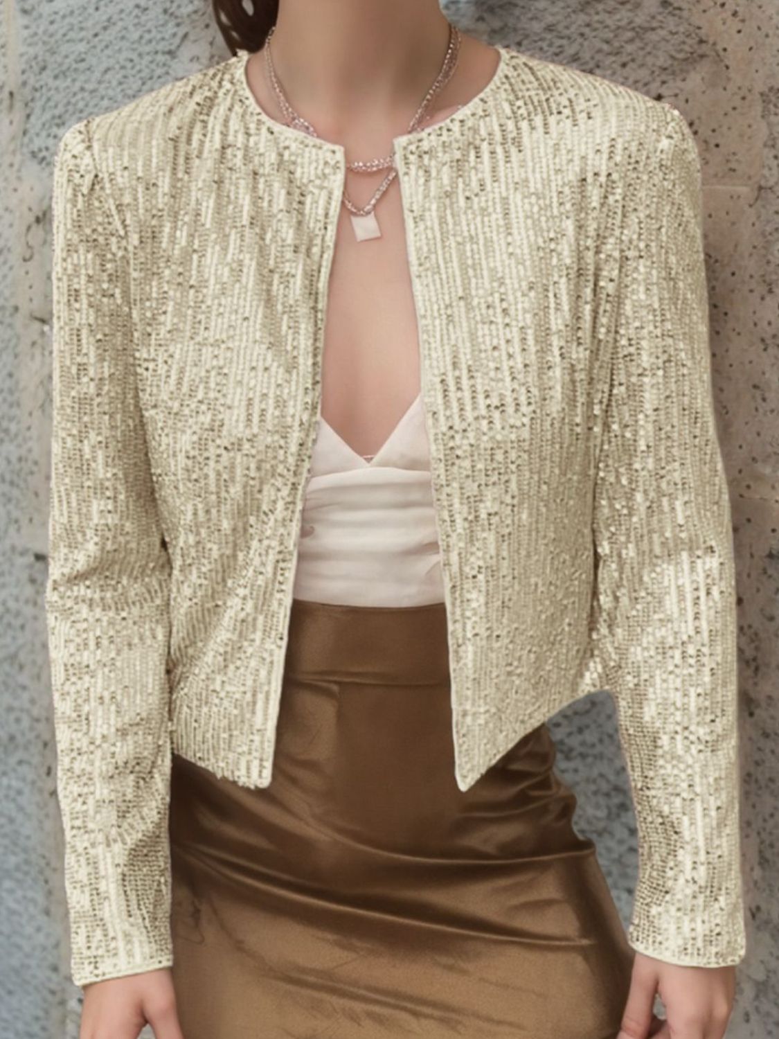 Full Size Sequin Open Front Cropped Jacket