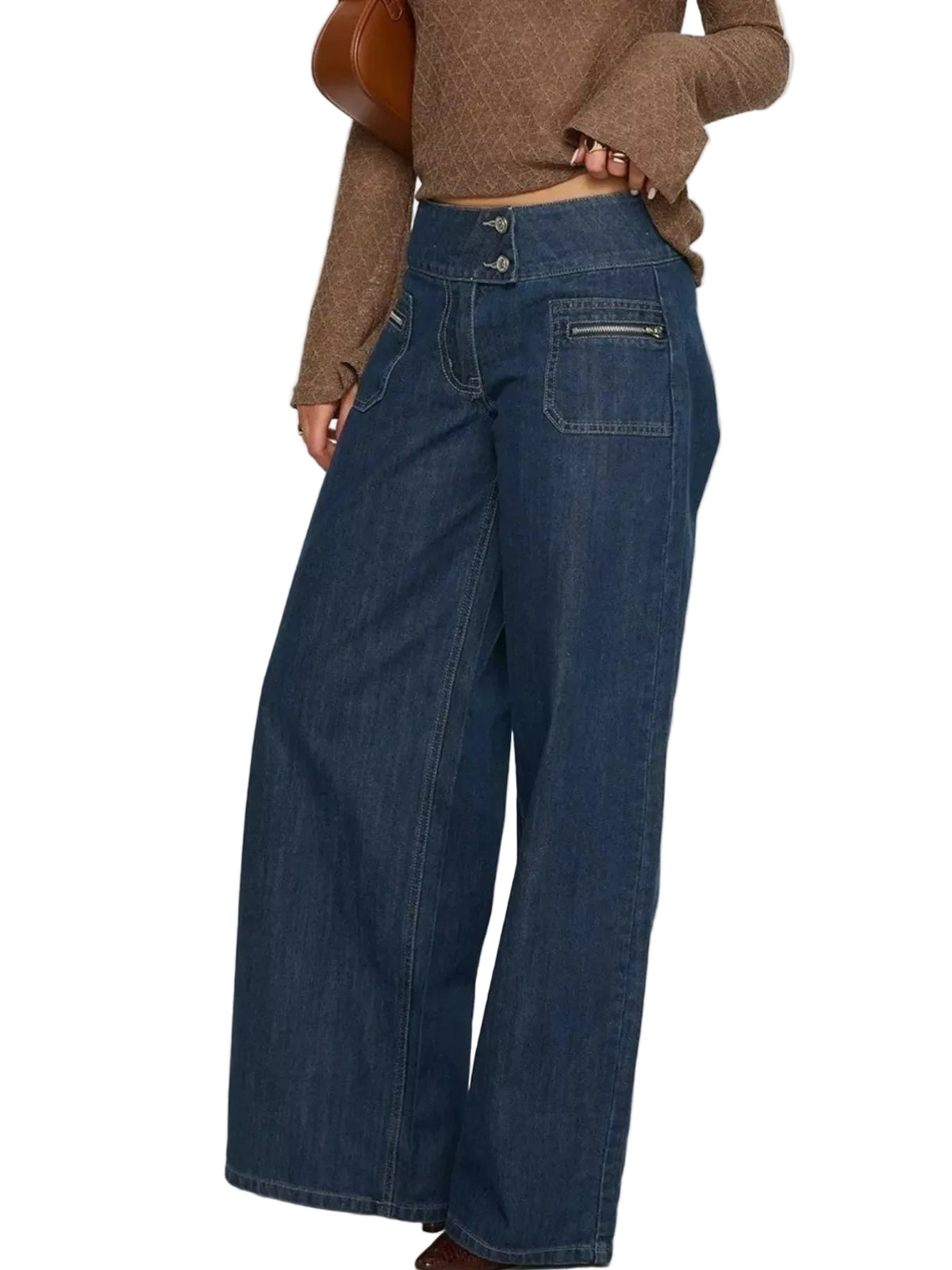 A model wearing high-waisted, wide-leg blue denim jeans with a button fly and a zippered back pocket, paired with a brown cropped sweater against a light gray background.
