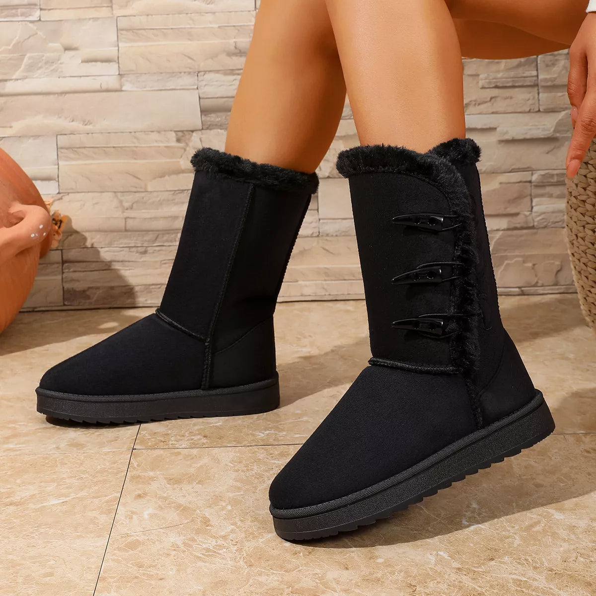 Mid-calf faux fur-lined winter boots with toggle buttons
