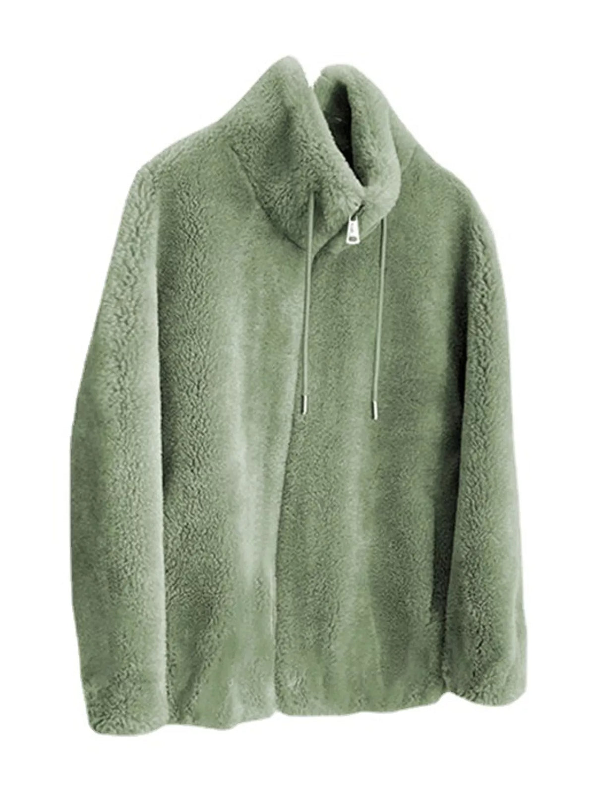 A sage green sherpa fleece zip-up jacket with a high mock neck and drawstring, shown against a plain white background.