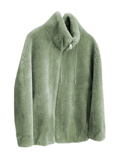 A sage green sherpa fleece zip-up jacket with a high mock neck and drawstring, shown against a plain white background.