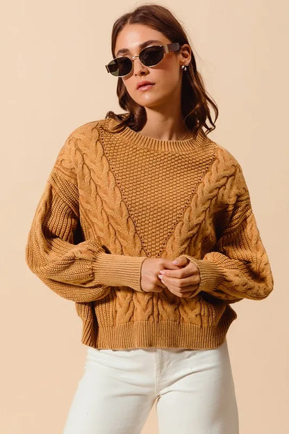 Mineral Washed Loose Fit Textured Cable Sweater.