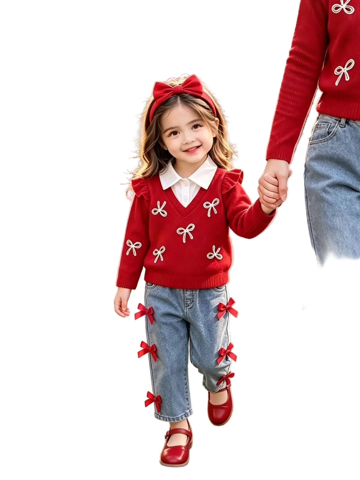 A young girl walking outdoors on a city street while holding an adult's hand. She is wearing a bright red knit sweater with white bow motifs, a white collar, light blue jeans with red bow accents, a red bow headband, and red shoes.
