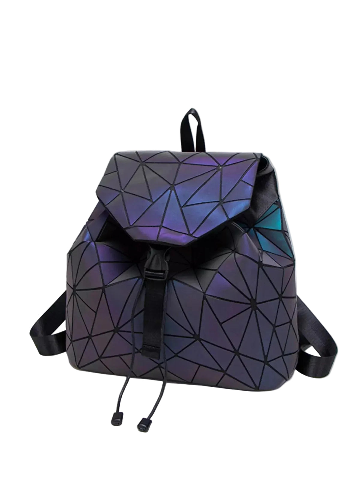 A geometric faceted backpack with an iridescent holographic finish that shifts between purple, blue, and pink, accented by black straps and drawstrings, shown on a plain white background.