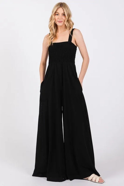 Smocked Flowy Wide Leg Jumpsuit.