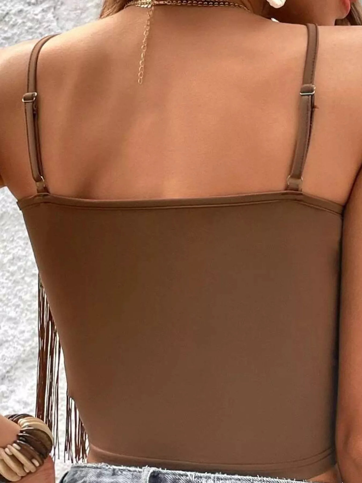 V-neck cami with fringe trim