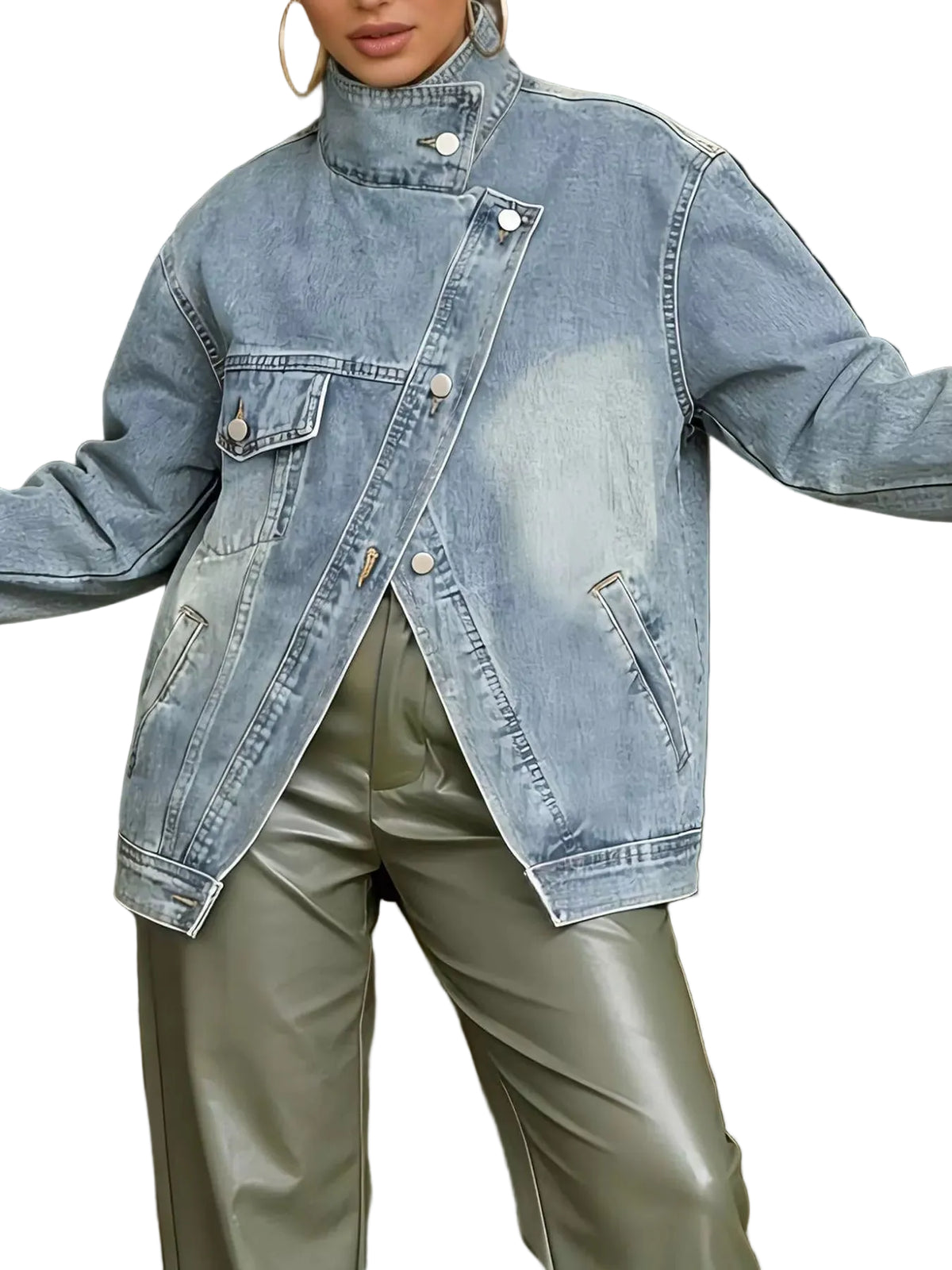 Asymmetric Button-Up Stand Collar Denim Jacket