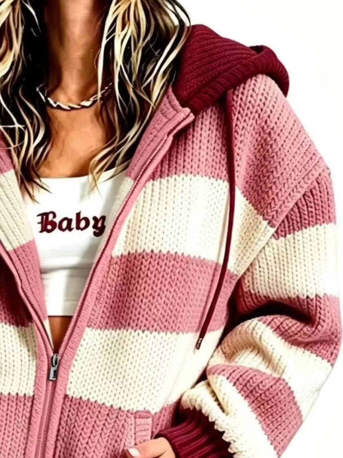 Striped Hooded Zip-Up Knit Cardigan