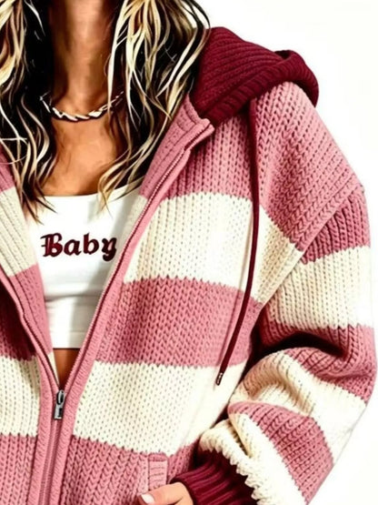 Striped Hooded Zip-Up Knit Cardigan