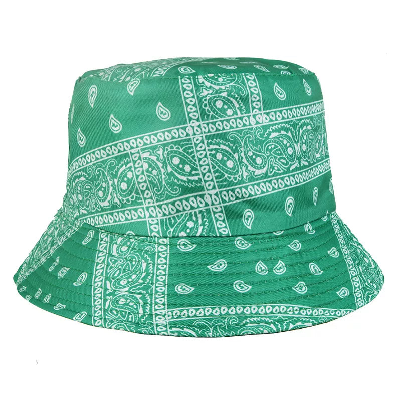 A green bucket hat with a white paisley bandana pattern, shown against a plain white background.