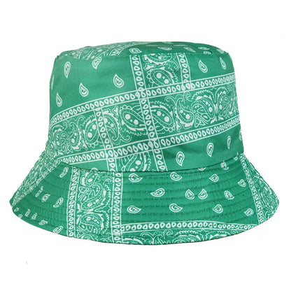 A green bucket hat with a white paisley bandana pattern, shown against a plain white background.