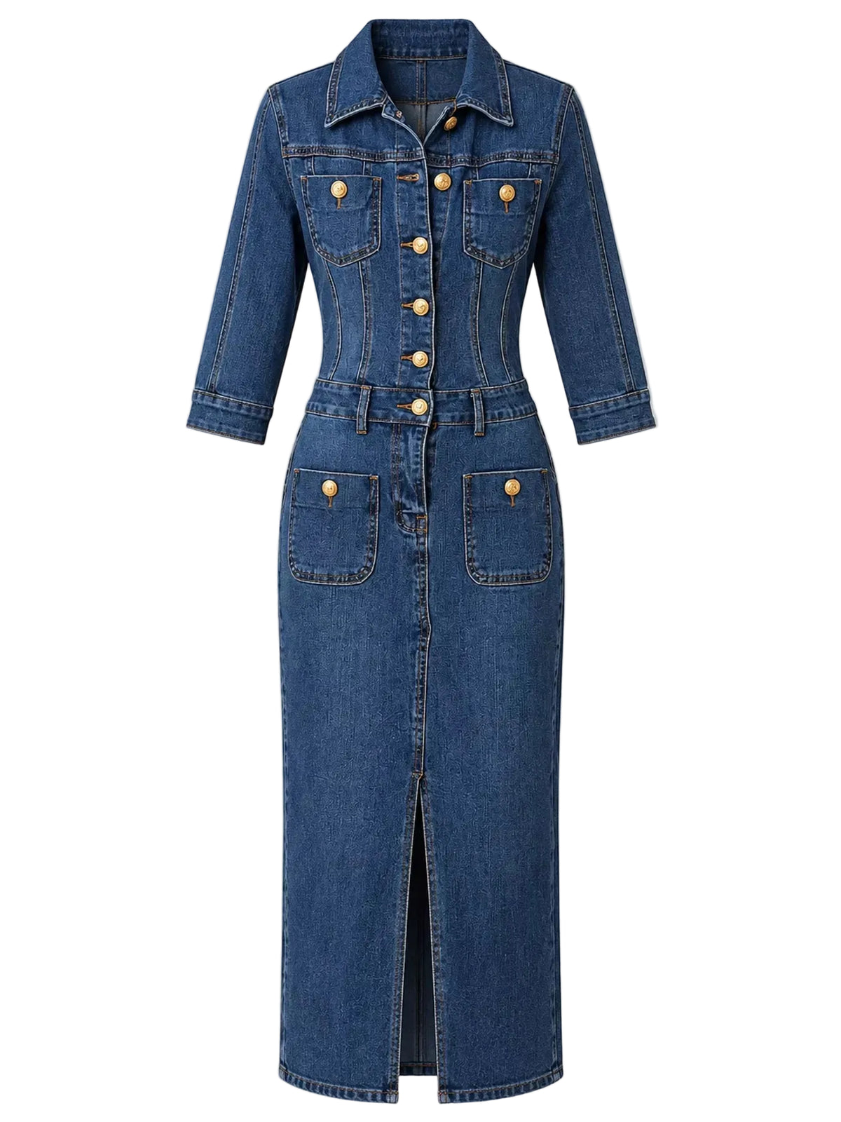 A blue denim midi dress styled as a shirt-jacket with three-quarter sleeves, a button-up front, chest flap pockets, and front patch pockets, shown against a solid beige background.
