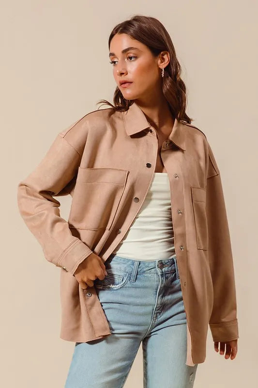 Suede Snap Shacket with Collar and Pockets.